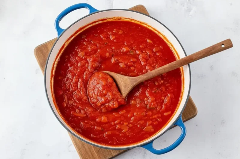 A vibrant red chunky homemade tomato sauce in a bright blue enamel Dutch oven, being gently stirred by a wooden spoon. The pot sits on a rustic wooden cutting board on a white marble countertop. Natural morning light streams in from an east window, creating soft shadows and warm tones. Fresh basil leaves are subtly visible in the background, adding a pop of green. The overall presentation is clean and tidy. (4:3 ratio)
