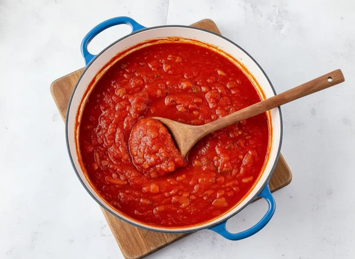 A vibrant red chunky homemade tomato sauce in a bright blue enamel Dutch oven, being gently stirred by a wooden spoon. The pot sits on a rustic wooden cutting board on a white marble countertop. Natural morning light streams in from an east window, creating soft shadows and warm tones. Fresh basil leaves are subtly visible in the background, adding a pop of green. The overall presentation is clean and tidy. (4:3 ratio)