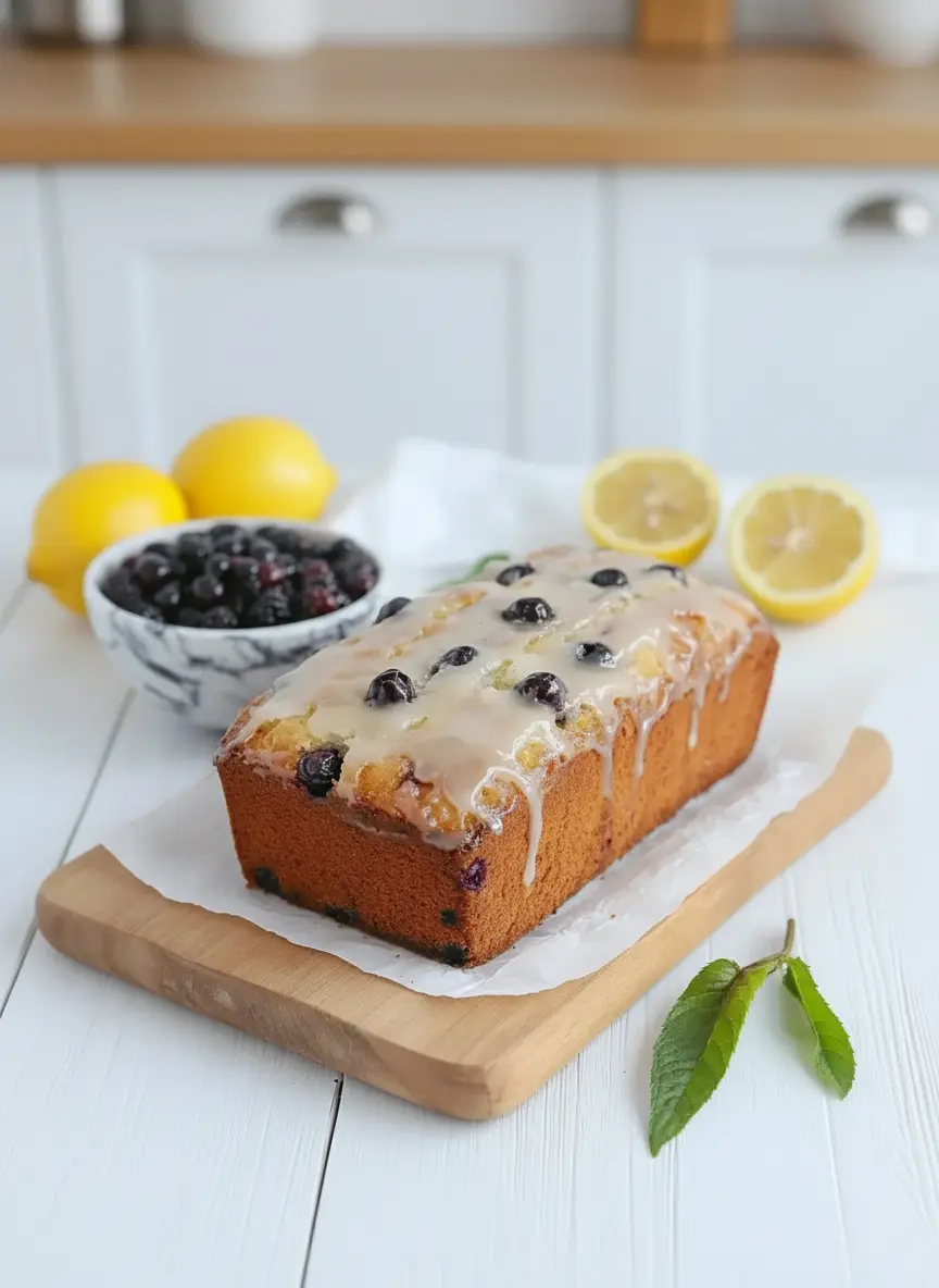 A Fluffy Mulberry Yogurt Cake loaf in a parchment-lined pan, just pulled from the oven, showing a golden-brown crust. A small wooden skewer rests beside it. In the soft-focused background, a lemon half and a hint of a fresh herb sprig on marble. Natural morning light, soft shadows, warm tones. 3:4 aspect ratio. NO HANDS OR PEOPLE.