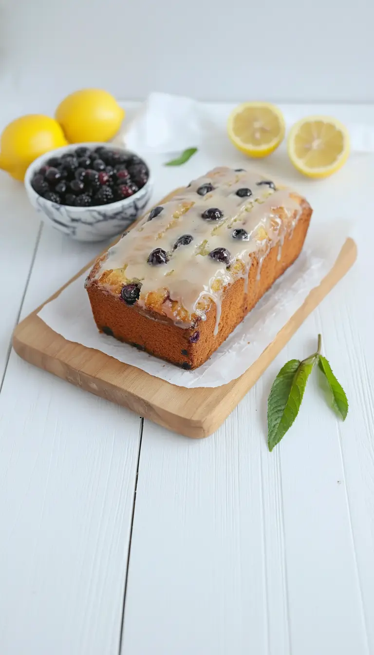A thick slice of Fluffy Mulberry Yogurt Cake on a minimalist white plate, revealing its fluffy, moist texture and visible baked-in mulberries. A generous amount of lemon glaze drips down the slice. The plate sits on a wooden cutting board on marble countertops. A sprig of fresh mint or a few loose mulberries nearby. Natural morning light, warm tones, clean presentation. 3:4 aspect ratio. NO HANDS OR PEOPLE.