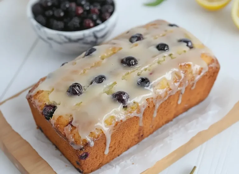 A perfectly baked Fluffy Mulberry Yogurt Cake, generously coated with a glossy lemon glaze, with dark mulberries visible on top and baked within the golden-brown loaf. The cake rests on parchment paper on a rustic wooden cutting board. In the background, out of focus, are fresh lemons (whole and halved), a marble-patterned ceramic bowl filled with mulberries, and a hint of fresh mint. The scene is bathed in natural morning light from an east window, casting soft shadows on marble countertops. Clean, tidy presentation with warm tones. 4:3 aspect ratio. NO HANDS OR PEOPLE.