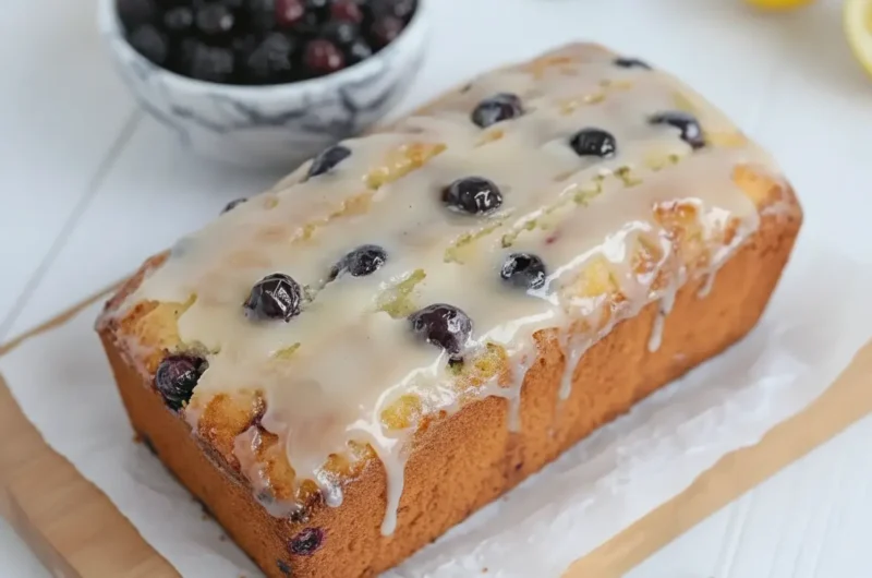 A perfectly baked Fluffy Mulberry Yogurt Cake, generously coated with a glossy lemon glaze, with dark mulberries visible on top and baked within the golden-brown loaf. The cake rests on parchment paper on a rustic wooden cutting board. In the background, out of focus, are fresh lemons (whole and halved), a marble-patterned ceramic bowl filled with mulberries, and a hint of fresh mint. The scene is bathed in natural morning light from an east window, casting soft shadows on marble countertops. Clean, tidy presentation with warm tones. 4:3 aspect ratio. NO HANDS OR PEOPLE.