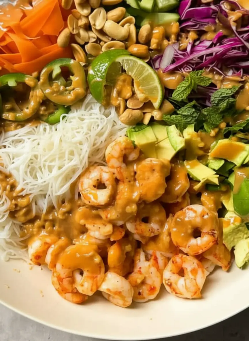 Close-up (3:4) of prepped ingredients for a Fresh Spring Roll Salad Bowl on a wooden cutting board on a marble countertop: raw shrimp, shaved carrots, diced cucumber, shredded red cabbage, fresh mint, and cilantro, illuminated by natural morning light, with warm tones and soft shadows. No hands or people visible.