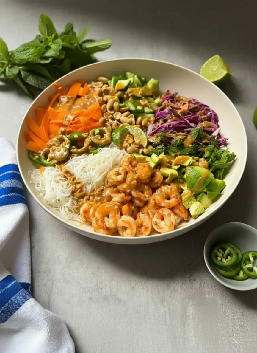 Process shot (3:4) showing cooked shrimp being added to a section of a minimalist white ceramic bowl, next to prepared rice vermicelli for a Fresh Spring Roll Salad Bowl. A small bowl of creamy peanut dressing sits nearby. The scene is on a marble countertop with soft shadows and natural morning light. No hands or people visible.
