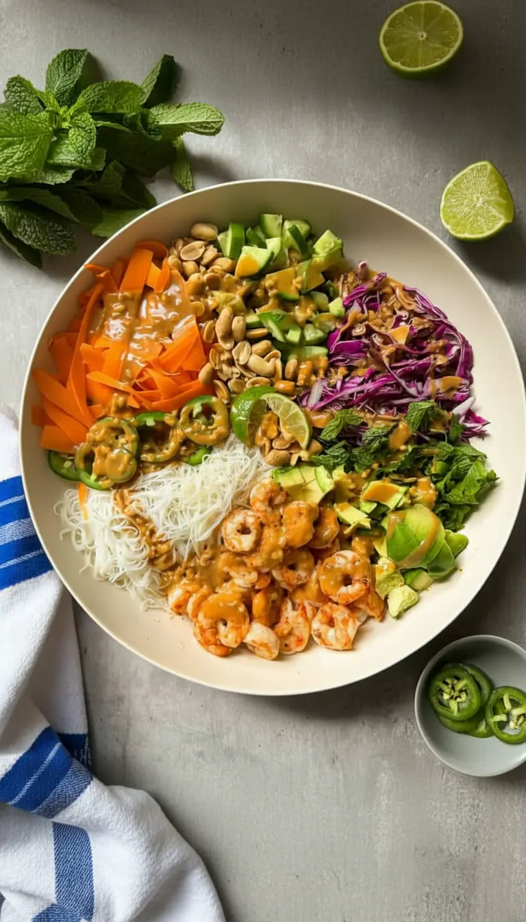 Texture focus (3:4) of a spoonful of Fresh Spring Roll Salad Bowl, highlighting the cooked shrimp, rice noodles, a piece of avocado, and a carrot ribbon, coated in creamy peanut dressing. The background shows the rest of the vibrant bowl on a minimalist white ceramic bowl on a marble countertop with fresh herbs blurred in the background, bathed in natural morning light. No hands or people visible.