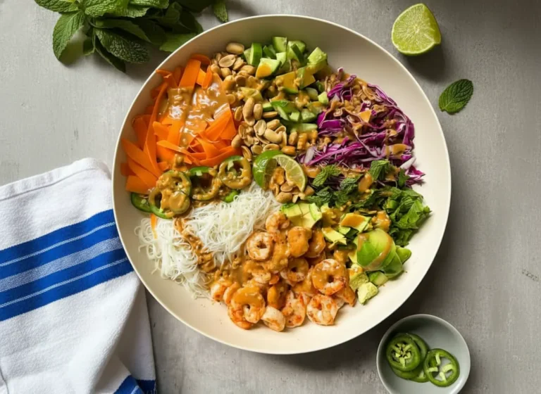 Overhead wide shot (4:3) of a vibrant Fresh Spring Roll Salad Bowl on a minimalist white ceramic bowl, filled with perfectly arranged cooked shrimp, white rice vermicelli noodles, bright orange shaved carrots, fresh green diced cucumber, shredded purple red cabbage, creamy diced avocado, chopped roasted peanuts, fresh mint leaves, and thin slices of green jalapeños. A creamy peanut sauce is generously drizzled over the ingredients. A lime wedge is visible on the edge of the bowl. The bowl sits on a light grey marble countertop, with hints of a wooden cutting board and fresh green herbs (mint) in the soft-focused background, bathed in natural morning light, with warm tones and soft shadows. No hands or people visible.