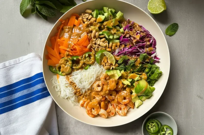 Overhead wide shot (4:3) of a vibrant Fresh Spring Roll Salad Bowl on a minimalist white ceramic bowl, filled with perfectly arranged cooked shrimp, white rice vermicelli noodles, bright orange shaved carrots, fresh green diced cucumber, shredded purple red cabbage, creamy diced avocado, chopped roasted peanuts, fresh mint leaves, and thin slices of green jalapeños. A creamy peanut sauce is generously drizzled over the ingredients. A lime wedge is visible on the edge of the bowl. The bowl sits on a light grey marble countertop, with hints of a wooden cutting board and fresh green herbs (mint) in the soft-focused background, bathed in natural morning light, with warm tones and soft shadows. No hands or people visible.