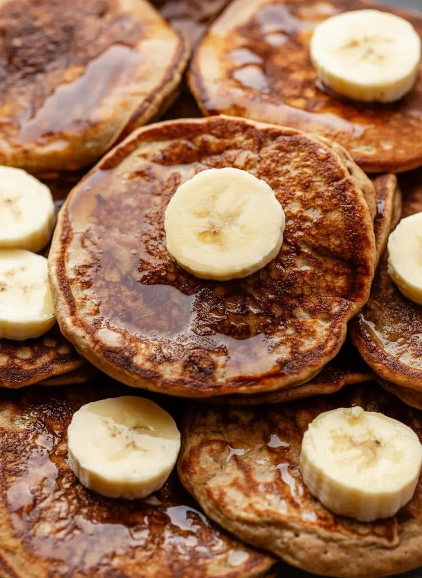 A clean composition showcasing the raw ingredients for healthy banana pancakes: ripe bananas on a wooden cutting board, a ceramic bowl with rolled oats, eggs in a small bowl, and a bottle of maple syrup, all arranged on a marble countertop under natural morning light.