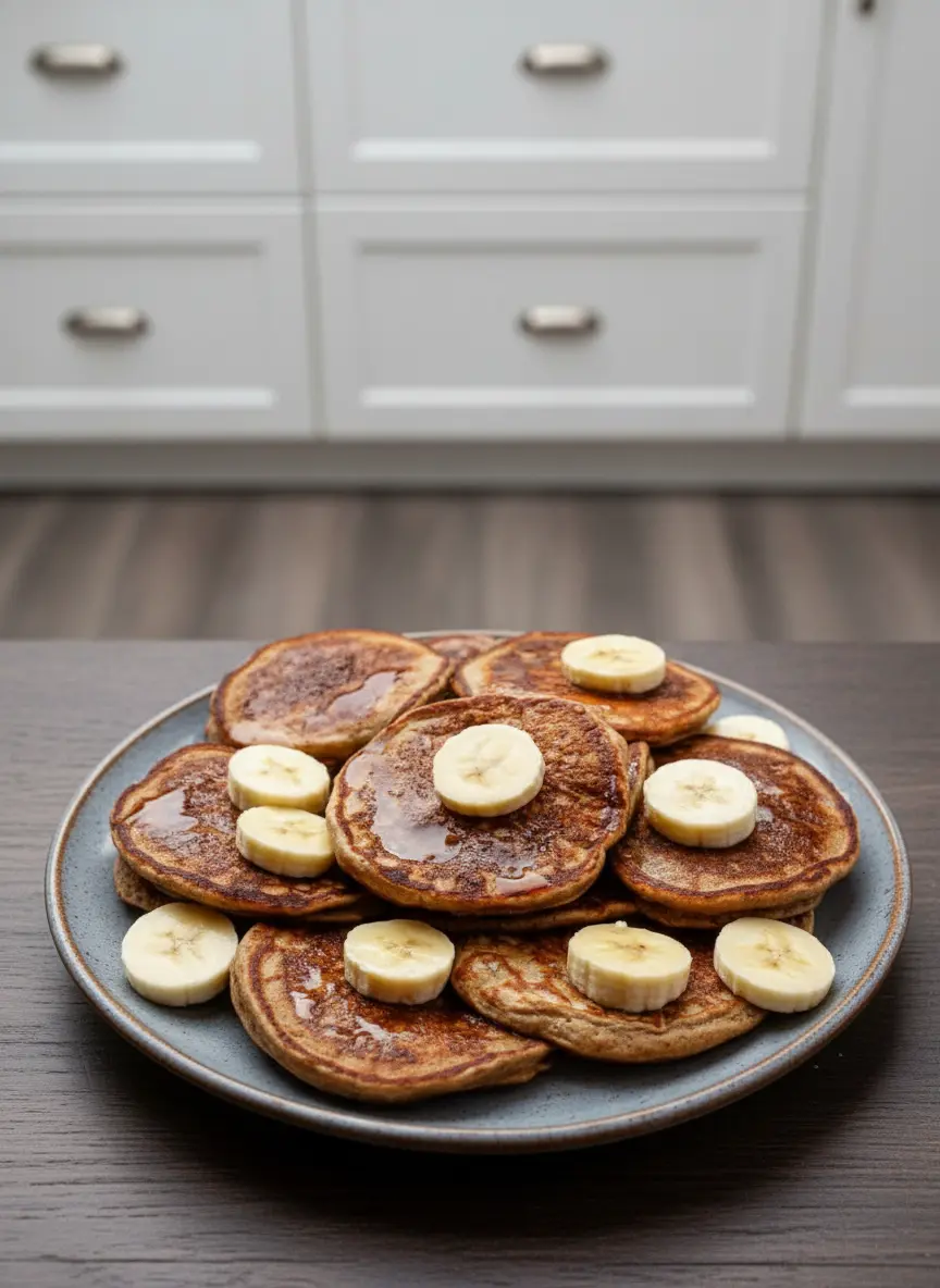 A close-up shot of healthy banana pancake batter being gently poured from a ceramic bowl onto a hot, greased griddle. The batter is just starting to bubble, indicating the cooking process. The scene is set on a marble countertop with soft shadows and warm tones.