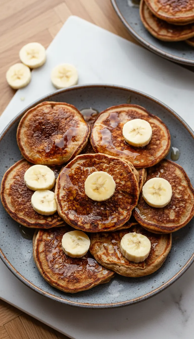 A beautifully plated stack of healthy banana pancakes, golden brown and fluffy, with a generous drizzle of maple syrup pooling on top and fresh banana slices artfully placed. The pancakes are on a minimalist white ceramic plate, positioned on a light grey marble countertop with a subtle fresh herb sprig in the soft-focus background, illuminated by natural light.
