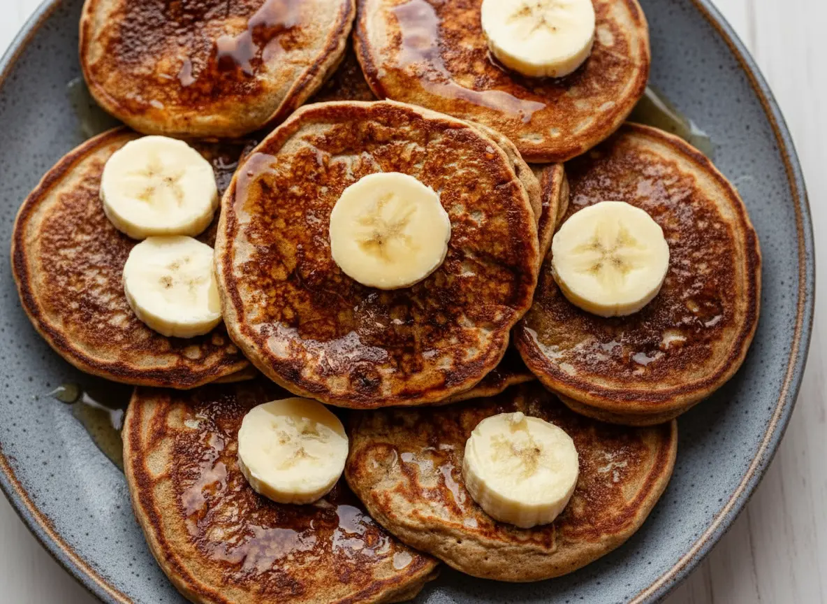 A stack of golden brown healthy banana pancakes, generously drizzled with pure maple syrup, topped with fresh banana slices on a minimalist white ceramic plate. The plate sits on a light grey marble countertop with a subtle wood accent in the background, illuminated by soft natural morning light from an east window. The focus is on the rich, textured surface of the pancakes and the glistening syrup, with a clean and tidy presentation. (4:3 ratio)