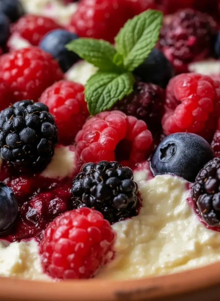 A rustic wooden cutting board with white ceramic bowls holding separate piles of fresh raspberries, blueberries, and blackberries. Next to them are a bowl of creamy blended cottage cheese mixture, eggs, maple syrup, vanilla extract, almond flour, and baking powder, arranged on a marble countertop with natural morning light and fresh herbs visible in the background. No hands or people.