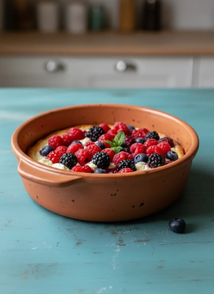 A white ceramic baking dish filled with the creamy cottage cheese base for the High Protein Triple Berry Bake, with a medley of fresh raspberries, blueberries, and blackberries being gently scattered over the top. The scene is on a marble countertop with natural morning light, soft shadows, and a clean, tidy presentation. No hands or people.