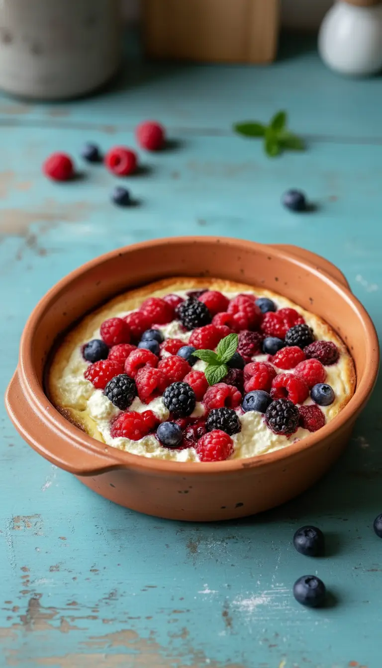 A close-up shot of a slice of High Protein Triple Berry Bake, removed from the main dish and placed on a minimalist white plate. The creamy, almost cheesecake-like texture of the base is visible, interspersed with plump, glistening raspberries, blueberries, and blackberries. A sprig of mint garnishes the plate. The plate sits on a wooden accent, with natural morning light, warm tones, and soft shadows in a clean kitchen setting. No hands or people.