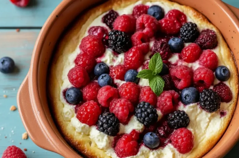 A beautifully baked High Protein Triple Berry Bake in a scalloped white ceramic baking dish, overflowing with vibrant fresh raspberries, blueberries, and blackberries, with a fresh sprig of mint on top. The creamy white base has golden baked edges. The dish sits on a light blue painted wooden surface next to a single blackberry and a silver spoon, captured in natural morning light from an east window, with soft shadows, warm tones, clean and tidy presentation. No hands or people.