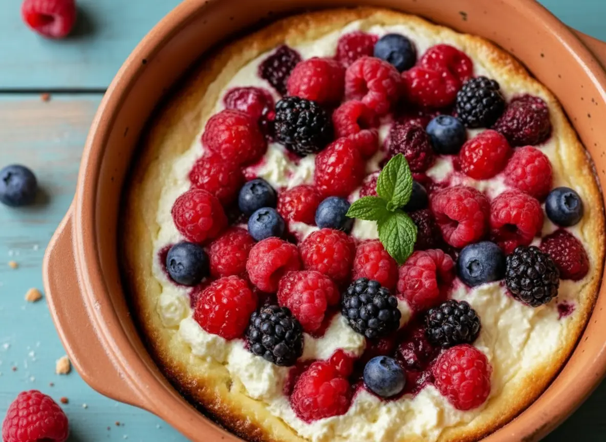 A beautifully baked High Protein Triple Berry Bake in a scalloped white ceramic baking dish, overflowing with vibrant fresh raspberries, blueberries, and blackberries, with a fresh sprig of mint on top. The creamy white base has golden baked edges. The dish sits on a light blue painted wooden surface next to a single blackberry and a silver spoon, captured in natural morning light from an east window, with soft shadows, warm tones, clean and tidy presentation. No hands or people.