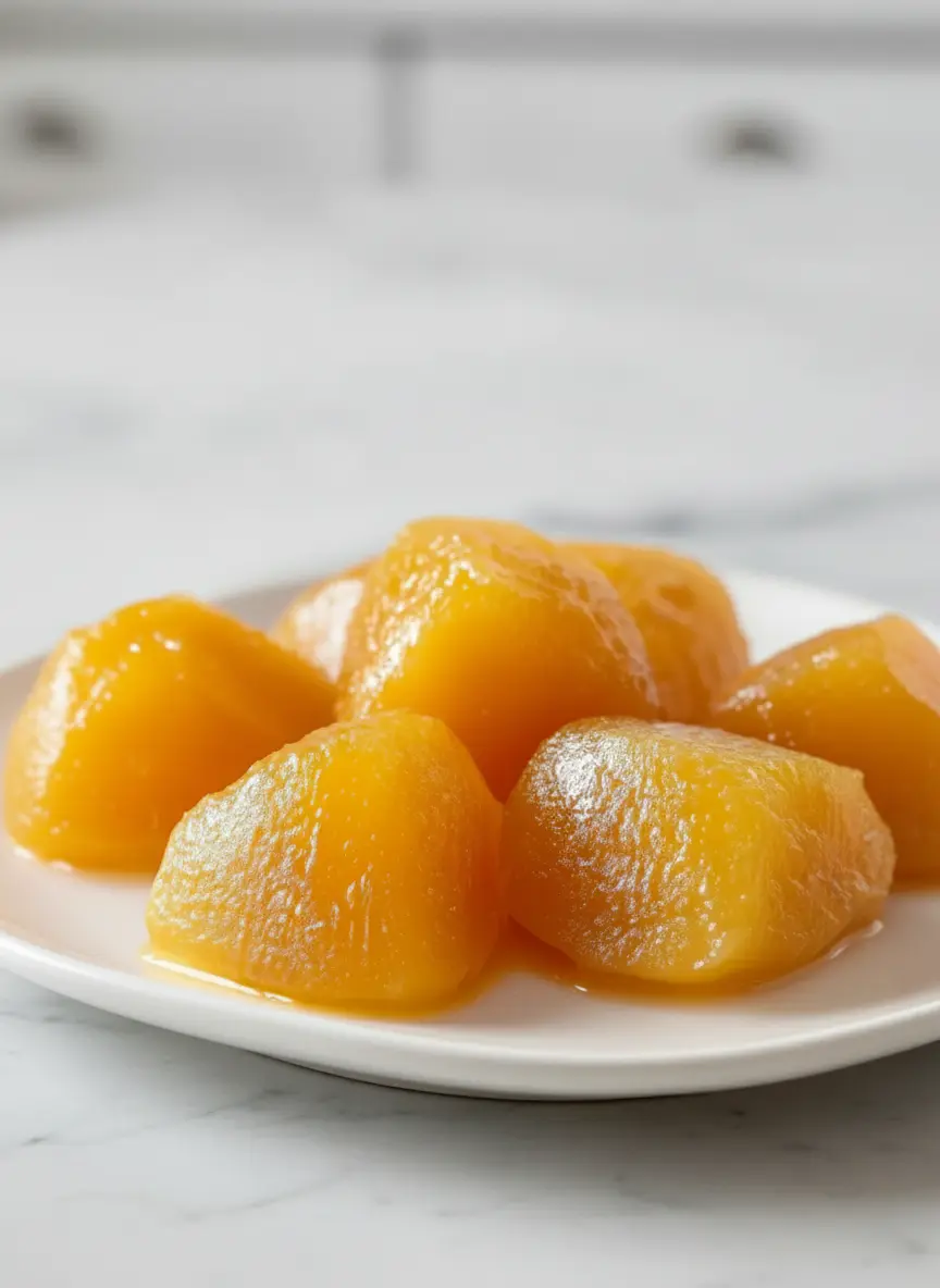 A pristine white ceramic bowl filled with glossy, tender golden-orange mango chunks, slightly submerged in a thin layer of natural syrup, resting on a cool marble countertop, with warm natural light casting gentle shadows and a hint of a wooden accent in the frame, reflecting a clean and tidy process shot. (3:4 ratio)