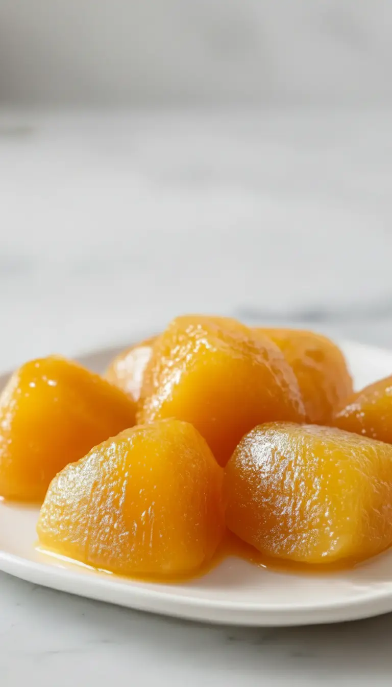 A close-up, tempting view of several plump, glossy golden-orange mango chunks, beautifully arranged on a minimalist white plate, showcasing their juicy texture and natural sheen from the light syrup, presented on a marble countertop under warm, soft natural morning light, with delicate shadows and a very subtle blur of fresh green herbs in the background, conveying a love for the process. (3:4 ratio)