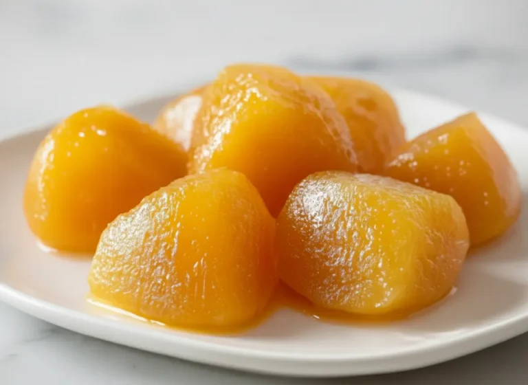 A close-up, inviting shot of glossy, golden-orange mango chunks glistening with syrup on a minimalist white plate, positioned on a light marble countertop with warm natural morning light, subtle wood accents in the background, fresh green herbs in a small ceramic bowl visible but blurred, and a clean, tidy presentation. (4:3 ratio)