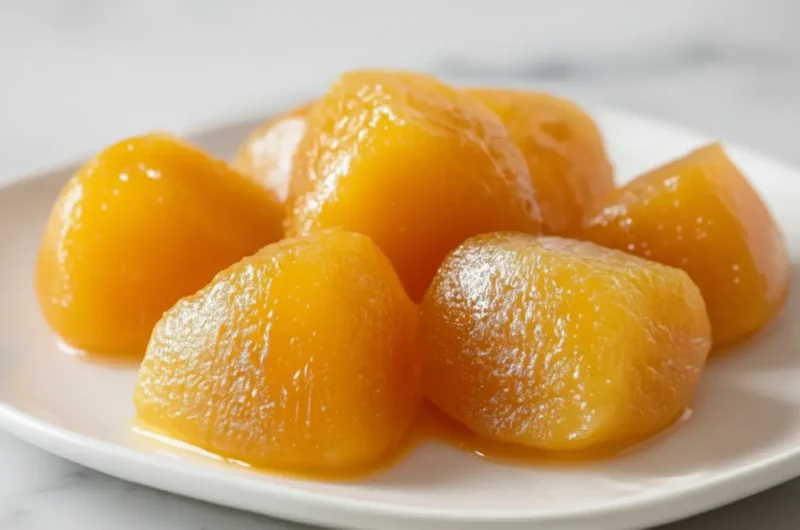 A close-up, inviting shot of glossy, golden-orange mango chunks glistening with syrup on a minimalist white plate, positioned on a light marble countertop with warm natural morning light, subtle wood accents in the background, fresh green herbs in a small ceramic bowl visible but blurred, and a clean, tidy presentation. (4:3 ratio)