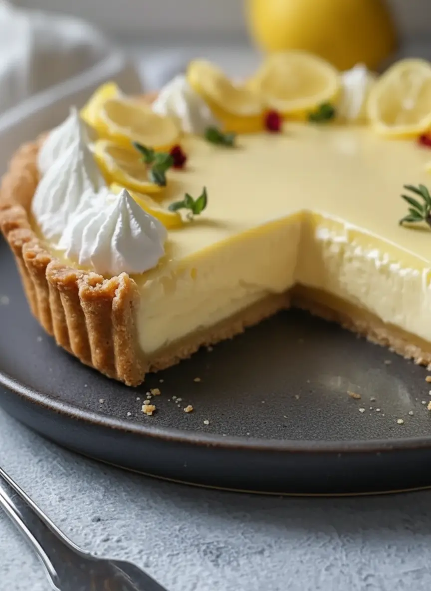 A rustic, clean shot of ingredients for an Italian Lemon Mascarpone tart: fresh bright yellow lemons, a container of mascarpone cheese, a bowl of flour, sugar, and eggs, neatly arranged on a wooden cutting board on a marble countertop with natural morning light and soft shadows (3:4 ratio).