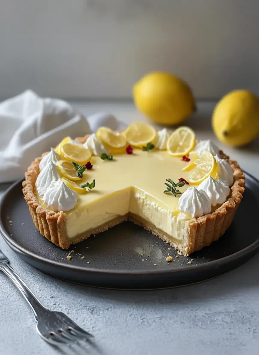 A process shot showing a creamy light yellow mascarpone filling being gently poured into a golden-brown, pre-baked tart crust set in a fluted tart pan. The scene is on a marble countertop with soft morning light, fresh green herbs in the background, and a clean, tidy presentation (3:4 ratio).