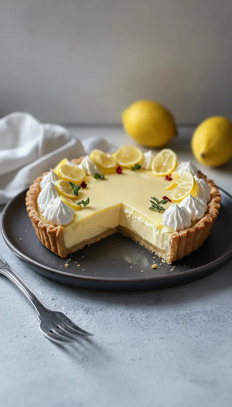 A close-up, elevated shot of a single slice of Italian Lemon Mascarpone tart on a small white plate, showing the distinct layers of the golden crust, creamy pale yellow mascarpone filling, and the bright, smooth lemon glaze. The slice is garnished with a small dollop of whipped cream, a tiny lemon wedge, and a sprig of fresh thyme, highlighting the texture and freshness. Natural morning light, soft shadows, marble countertop in the background (3:4 ratio).