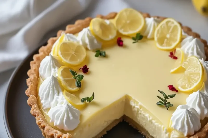 A whole Italian Lemon Mascarpone tart on a minimalist white plate, with one slice removed, showcasing the creamy light yellow filling, bright yellow top glaze, and golden-brown fluted crust. The tart is garnished with white whipped cream dollops, thin fresh lemon slices, sprigs of green thyme, and tiny red edible flowers. Background features out-of-focus lemons, a white linen, and a marble countertop with soft morning light and warm tones (4:3 ratio).