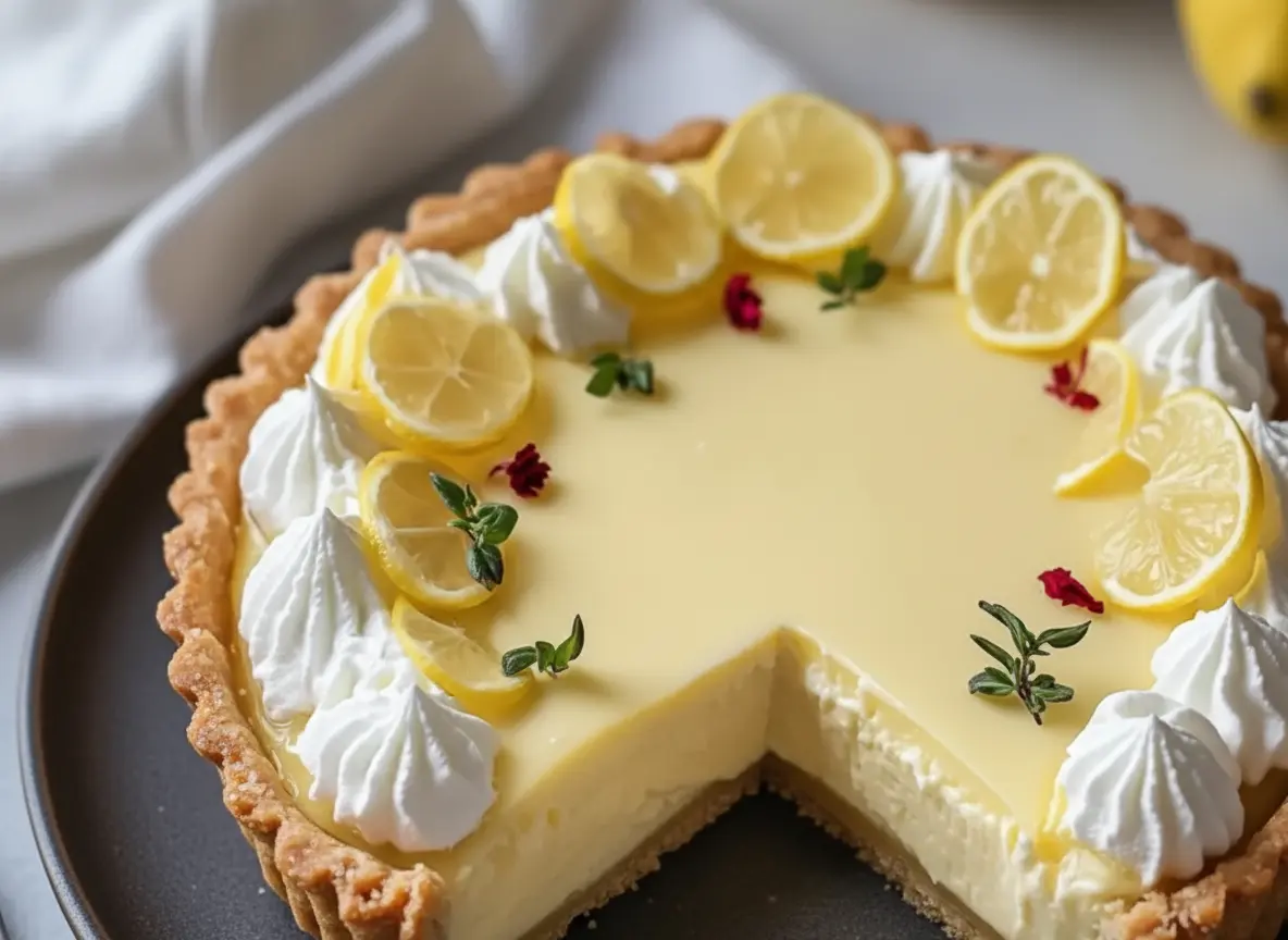 A whole Italian Lemon Mascarpone tart on a minimalist white plate, with one slice removed, showcasing the creamy light yellow filling, bright yellow top glaze, and golden-brown fluted crust. The tart is garnished with white whipped cream dollops, thin fresh lemon slices, sprigs of green thyme, and tiny red edible flowers. Background features out-of-focus lemons, a white linen, and a marble countertop with soft morning light and warm tones (4:3 ratio).