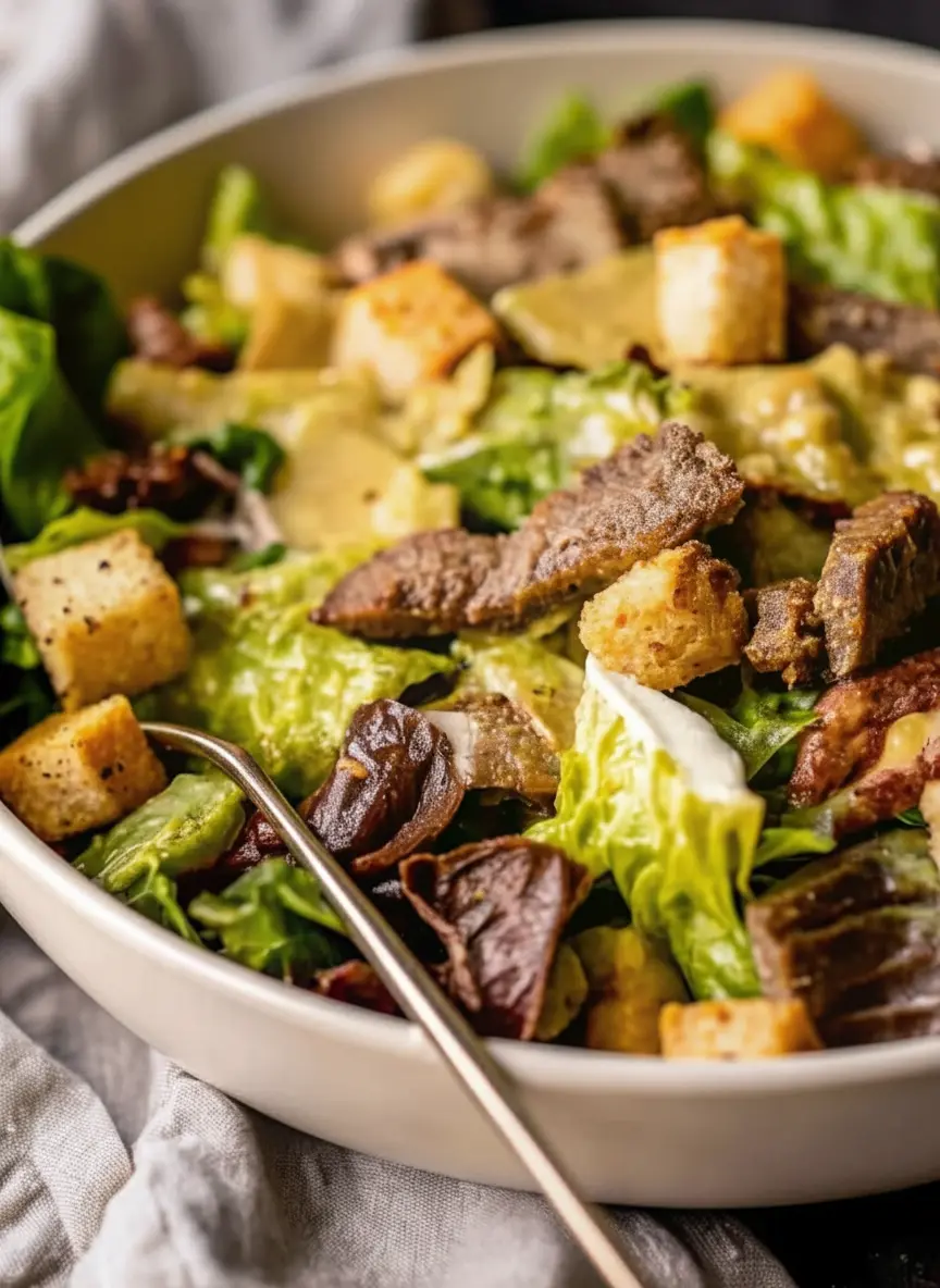 Ingredients for Juicy Pan-Fried Steak Caesar Salad laid out on a clean wooden cutting board on a marble countertop. Visible items include a raw sirloin steak seasoned with salt and pepper, fresh heads of romaine lettuce, lemons, a clove of garlic, a wedge of Parmesan cheese, a bottle of olive oil, and some rustic bread cubes for croutons. Natural morning light creates soft shadows. No hands or people.