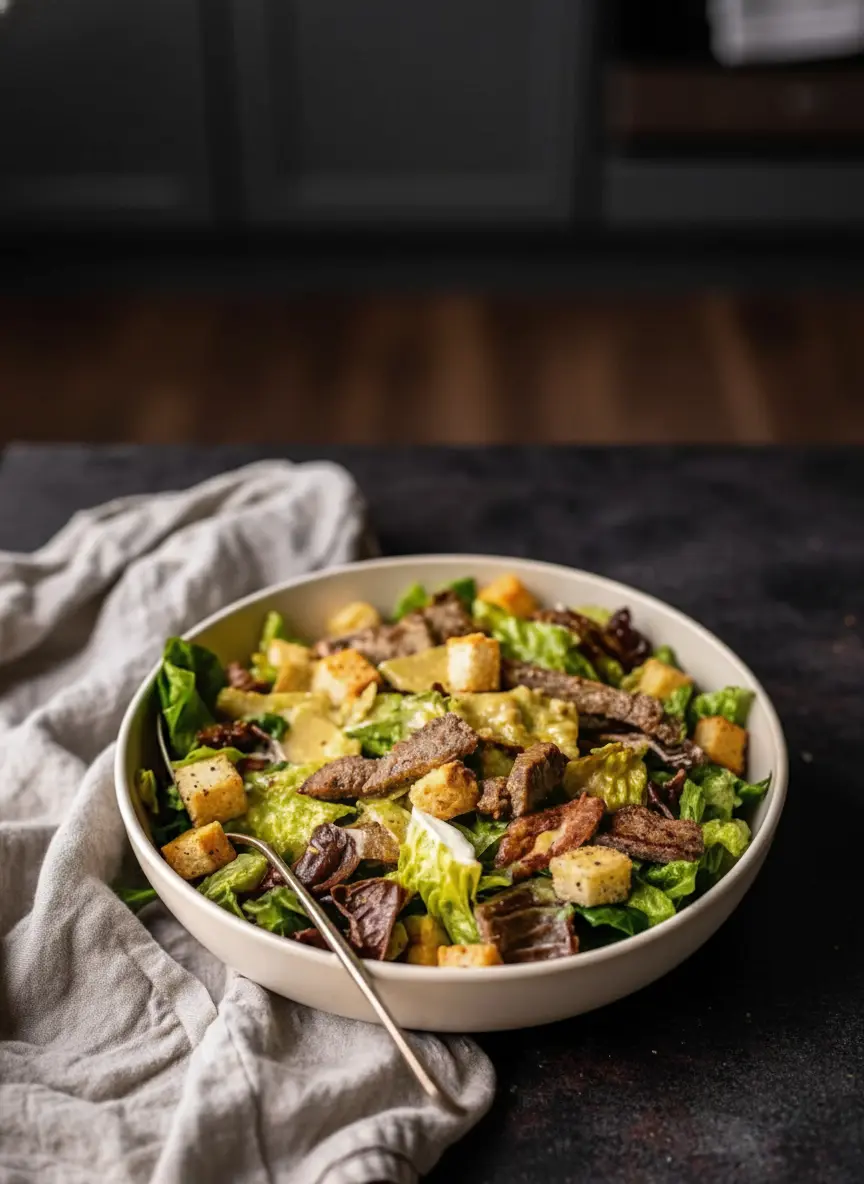A close-up of thinly sliced, perfectly cooked, juicy pan-fried steak resting on a wooden cutting board, with visible char marks and tender pink center. In the background, a cast-iron skillet sits on a marble countertop. Soft morning light and warm tones. No hands or people.