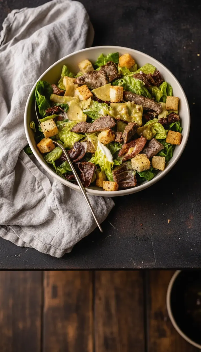 A serving of Juicy Pan-Fried Steak Caesar Salad showcasing the texture of the tender steak slices, crisp romaine leaves coated in creamy dressing, and crunchy golden croutons. The salad is in a minimalist light ceramic bowl on a marble countertop, catching soft morning light from an east window. Fresh herbs are blurred in the background. No hands or people.