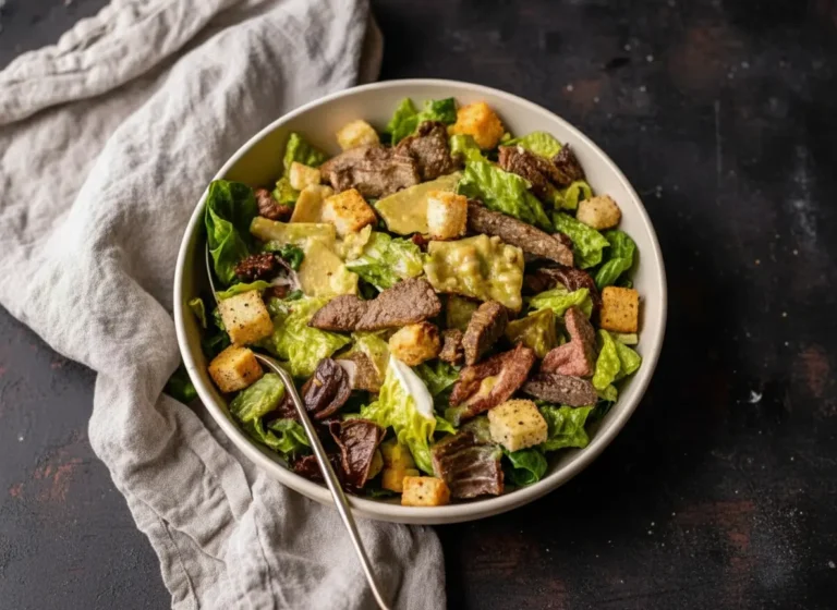 A vibrant and hearty Juicy Pan-Fried Steak Caesar Salad presented in a minimalist light cream ceramic bowl on a marble countertop with wood accents. The salad features perfectly seared, sliced steak, crisp green romaine lettuce, golden-brown croutons, and a creamy Caesar dressing, with soft morning light from an east window casting warm tones and gentle shadows. A metal serving spoon rests in the bowl. Fresh herbs are subtly blurred in the background, along with a wooden cutting board. No hands or people.