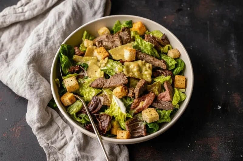 A vibrant and hearty Juicy Pan-Fried Steak Caesar Salad presented in a minimalist light cream ceramic bowl on a marble countertop with wood accents. The salad features perfectly seared, sliced steak, crisp green romaine lettuce, golden-brown croutons, and a creamy Caesar dressing, with soft morning light from an east window casting warm tones and gentle shadows. A metal serving spoon rests in the bowl. Fresh herbs are subtly blurred in the background, along with a wooden cutting board. No hands or people.