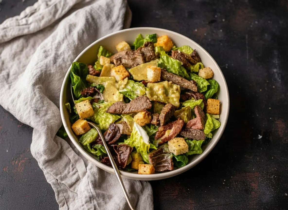A vibrant and hearty Juicy Pan-Fried Steak Caesar Salad presented in a minimalist light cream ceramic bowl on a marble countertop with wood accents. The salad features perfectly seared, sliced steak, crisp green romaine lettuce, golden-brown croutons, and a creamy Caesar dressing, with soft morning light from an east window casting warm tones and gentle shadows. A metal serving spoon rests in the bowl. Fresh herbs are subtly blurred in the background, along with a wooden cutting board. No hands or people.