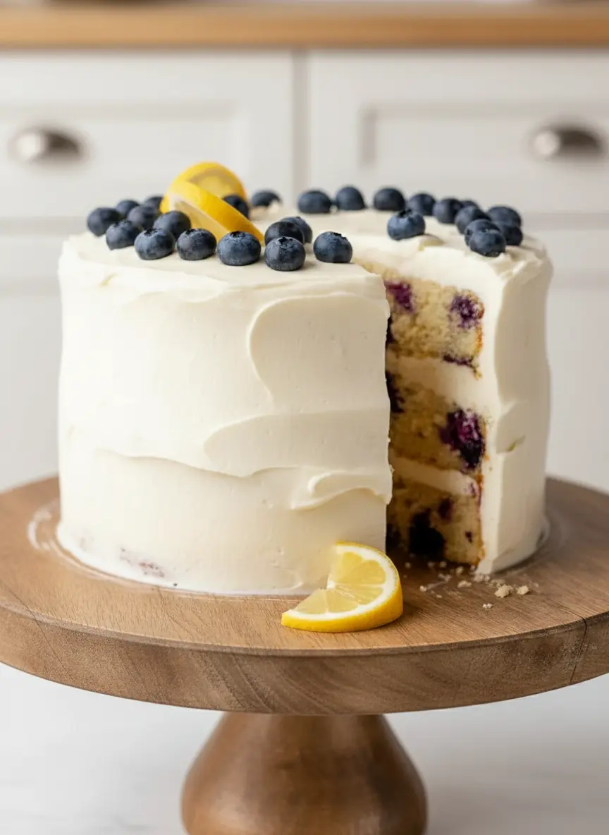 Process shot of Lemon Blueberry Layer Cake (3:4 ratio): A light yellow cake layer, freshly baked and cooled, being gently spread with a generous layer of creamy white lemon cream cheese frosting using an offset spatula on a wooden cake stand. Another cooled cake layer is visible nearby. Shot on a marble countertop under natural morning light with warm tones and soft shadows. No hands or people.