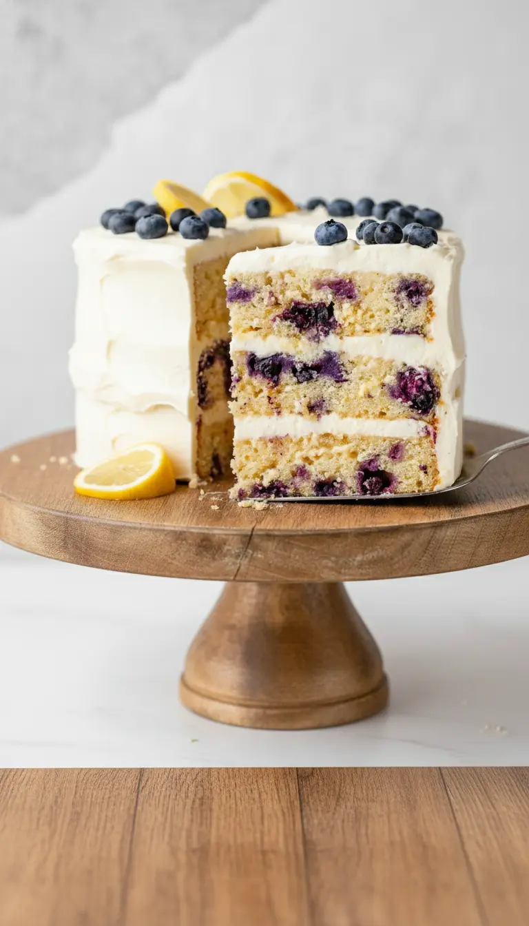 Serving shot of Lemon Blueberry Layer Cake (3:4 ratio): A close-up, inviting image of a single slice of Lemon Blueberry Layer Cake resting on a small, minimalist white plate. The slice clearly shows the moist, airy cake crumb, the bursts of deep purple blueberries, and the thick, smooth white frosting between each layer. A few fresh blueberries and a small lemon wedge garnish the plate. Shot on a marble countertop with a wooden accent, bathed in natural morning light. No hands or people.