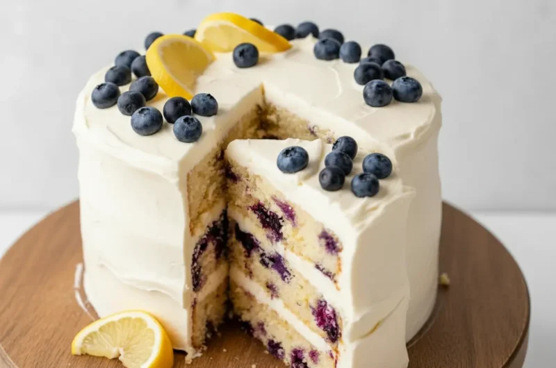 A beautifully styled Lemon Blueberry Layer Cake (4:3 ratio), with a perfect slice removed and presented on a silver cake server. The cake features three distinct layers of light yellow cake studded with deep purple blueberries, separated by generous layers of white cream cheese frosting. The entire cake is frosted white and topped with fresh blueberries and thin yellow lemon slices. The cake rests on a rustic wooden cake stand. Shot under natural morning light from an east window, on a marble countertop with soft shadows and warm tones. Clean and tidy presentation, with a slight blur in the background. No hands or people.
