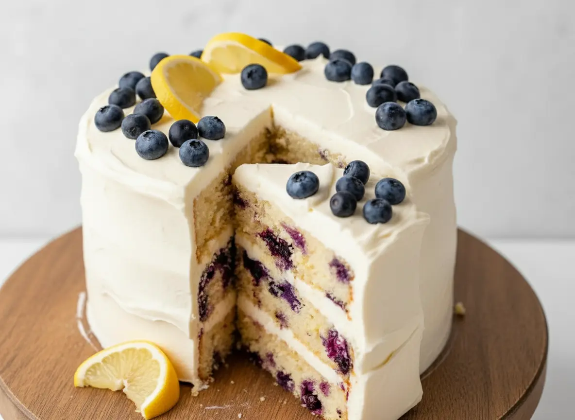 A beautifully styled Lemon Blueberry Layer Cake (4:3 ratio), with a perfect slice removed and presented on a silver cake server. The cake features three distinct layers of light yellow cake studded with deep purple blueberries, separated by generous layers of white cream cheese frosting. The entire cake is frosted white and topped with fresh blueberries and thin yellow lemon slices. The cake rests on a rustic wooden cake stand. Shot under natural morning light from an east window, on a marble countertop with soft shadows and warm tones. Clean and tidy presentation, with a slight blur in the background. No hands or people.