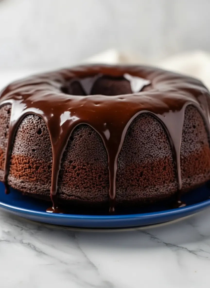 A process shot of the Mount Doom Cake ganache being poured over the completely cooled dark chocolate bundt cake, creating rich, glossy drips down its sides, on a white plate on a marble countertop. Natural morning light, soft shadows, warm tones, clean and tidy presentation, fresh herbs in the background, no hands or people. (3:4 aspect ratio)