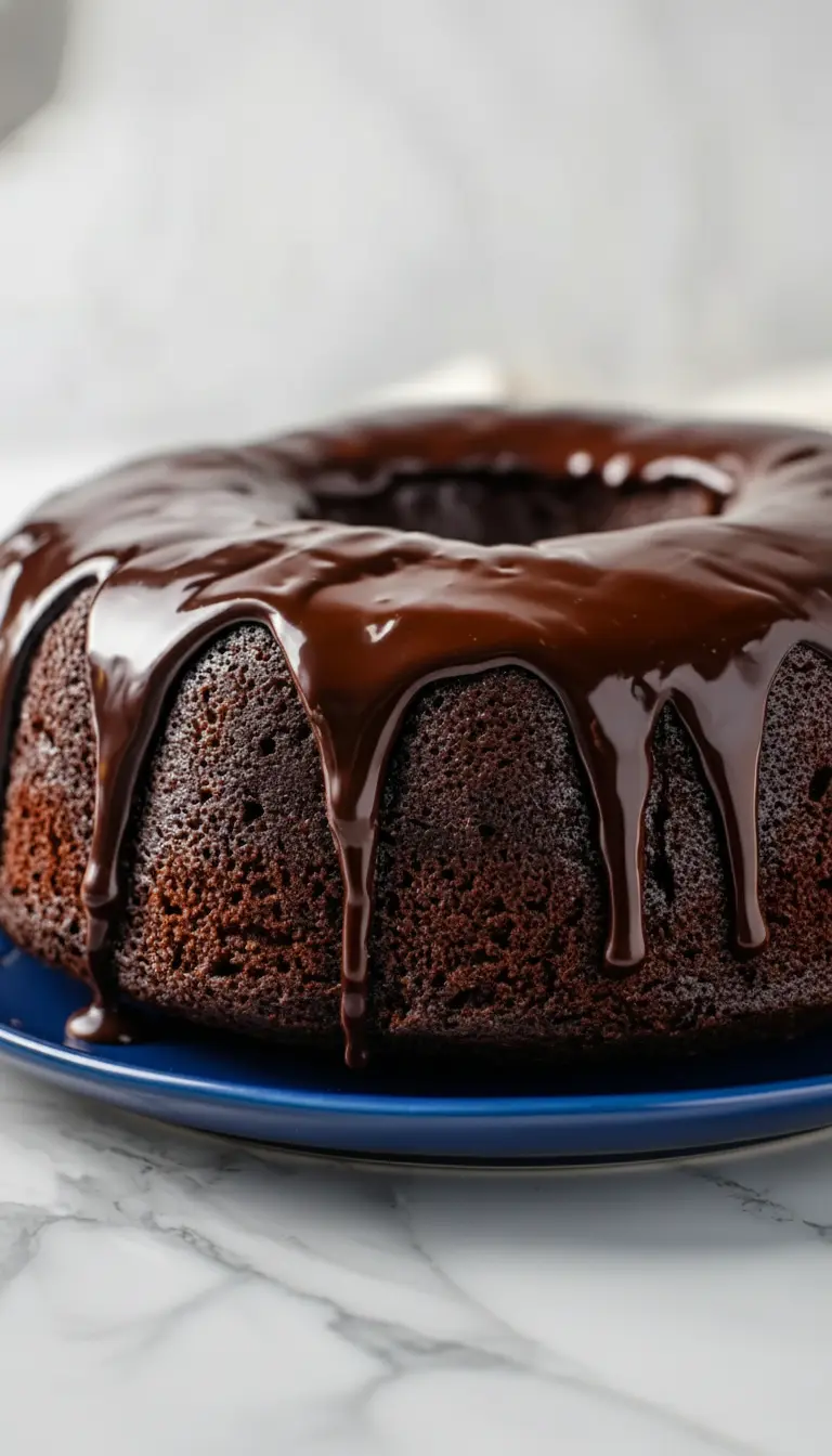 A close-up, angled shot showcasing the moist, dense texture of a slice of Mount Doom Cake on a minimalist white plate, with the rich chocolate ganache still glistening. The background features a marble countertop with soft morning light, warm tones, and a hint of fresh herbs, no hands or people. (3:4 aspect ratio)