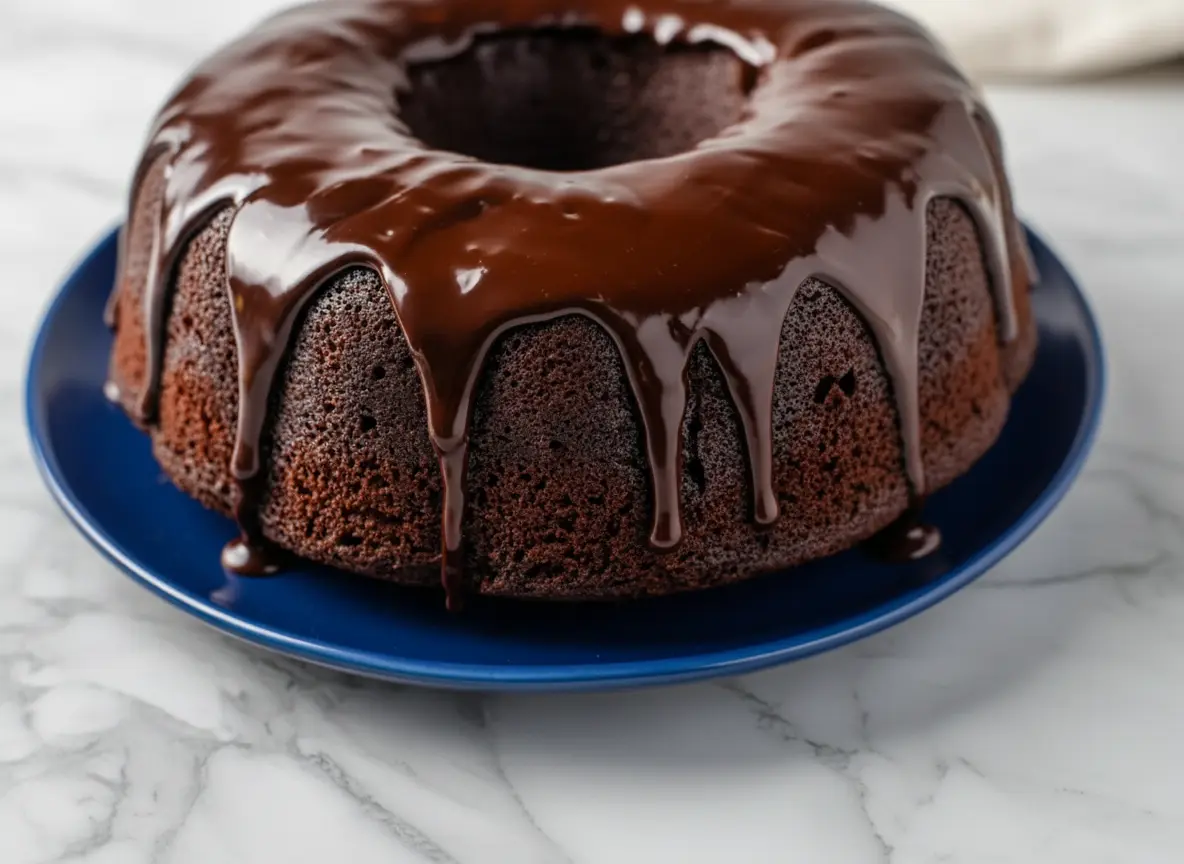 A dramatically styled dark chocolate bundt cake, the 'Mount Doom Cake', on a minimalist white plate. Rich, glossy chocolate ganache drips luxuriantly down the cake's dark, porous sides. The scene is set on a light marble countertop with subtle wood accents, bathed in natural morning light from an east window. Soft shadows enhance the cake's texture. A sprig of fresh herbs or subtle wood cutting board visible in the soft-focus background, no hands or people. (4:3 aspect ratio)