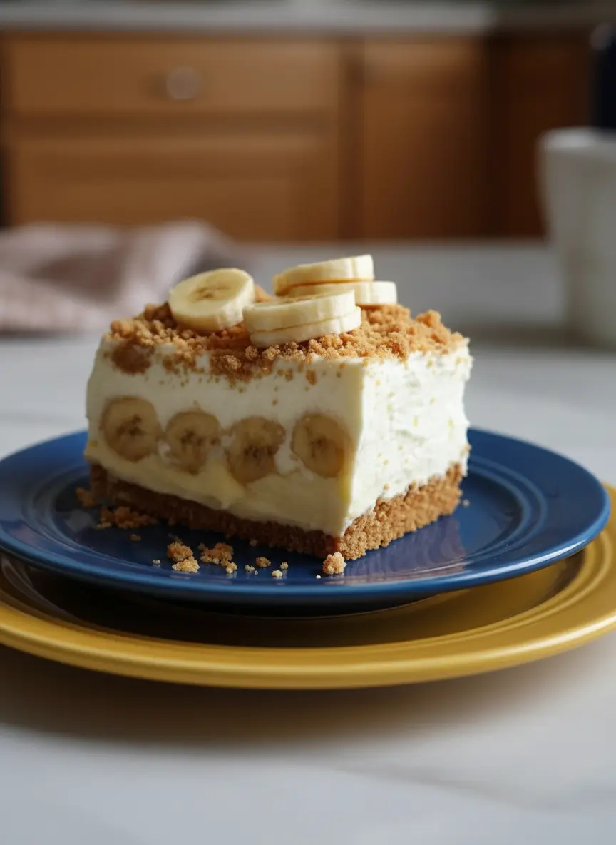 A baking dish with the pressed graham cracker crust, with a creamy filling being smoothly spread over it. Some banana slices are visible, ready for layering. The scene is bathed in natural morning light on a marble countertop, showing a clean, tidy kitchen with warm tones. (3:4 ratio)