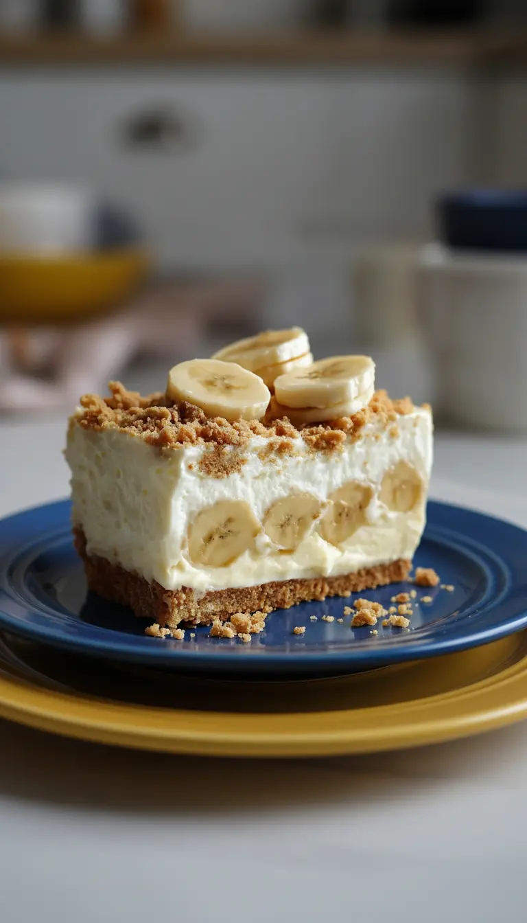 A close-up, angled shot of the side of a No-Bake Banana Pudding Cheesecake slice, clearly showing the distinct layers: the golden brown graham cracker crust, the creamy pale yellow filling embedded with banana slices, and the fluffy white topping with scattered crumbs and fresh banana slices. It is on a minimalist white plate, captured with soft shadows and warm tones under natural morning light on a marble countertop. (3:4 ratio)