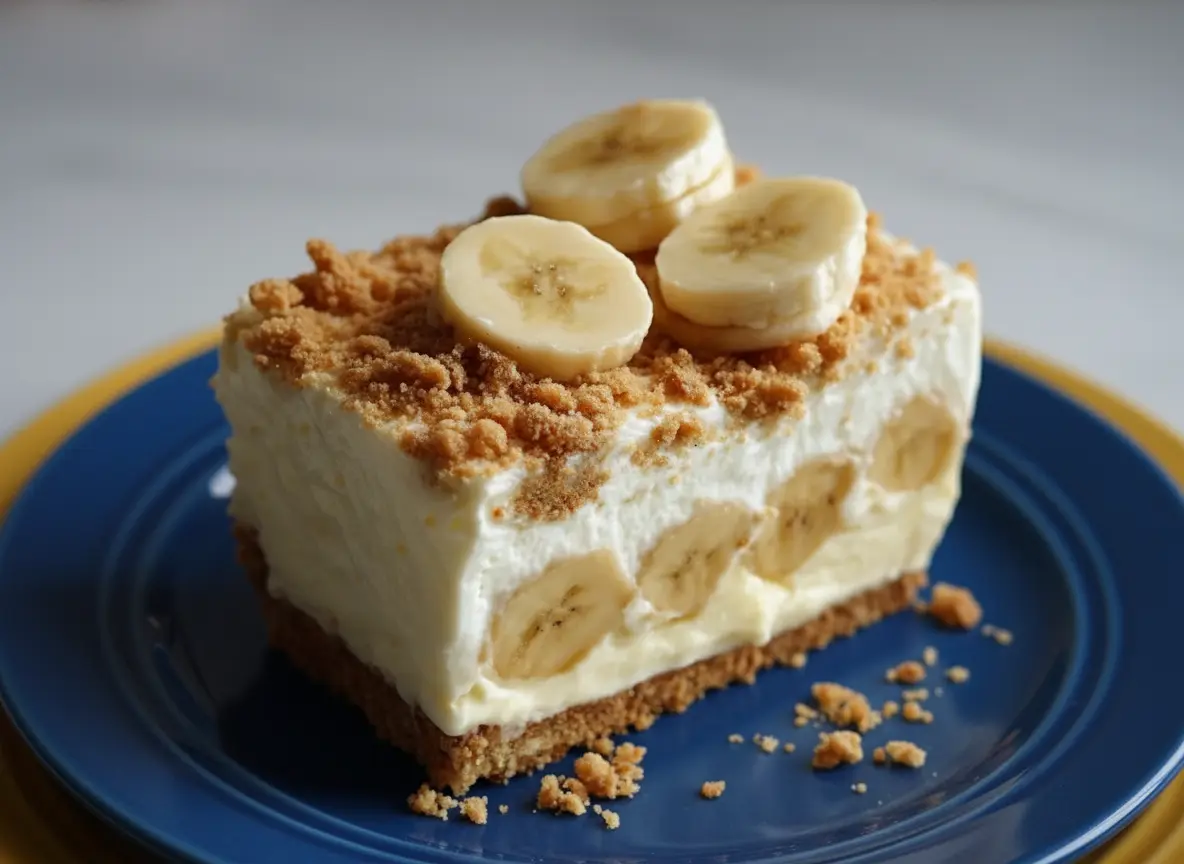 A perfect slice of No-Bake Banana Pudding Cheesecake, showcasing its distinct layers of golden graham cracker crust, creamy white filling with visible banana slices, and a generous topping of whipped cream, more banana slices, and crumbled graham cracker crumbs. The dessert is on a minimalist white plate on a marble countertop with natural morning light creating soft shadows and warm tones. A wooden cutting board and fresh herbs are subtly blurred in the background, creating a clean and tidy presentation. (4:3 ratio)