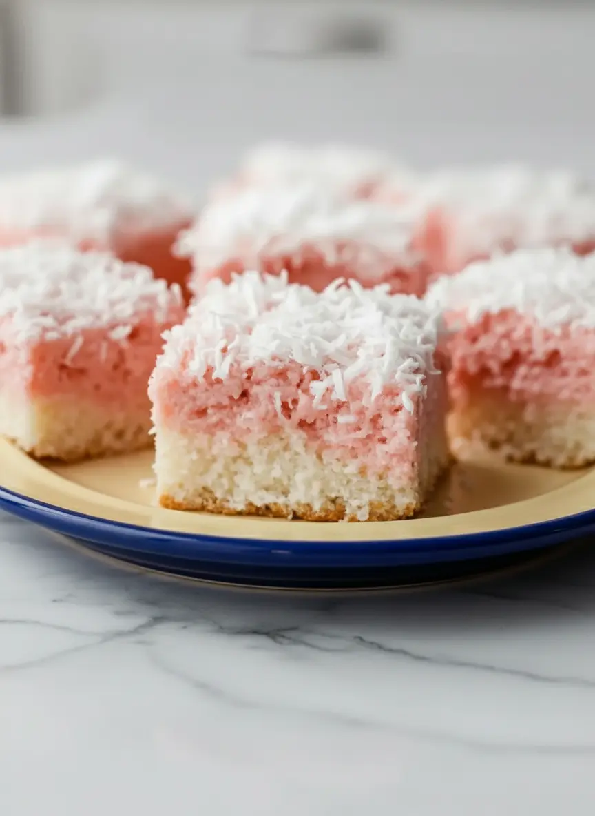 A minimalist white ceramic bowl filled with the vibrant pink topping mixture for the Pink Coconut Snowball Cake Bars, being spread evenly over a baked white cake base in a baking pan. The setup is on a marble countertop with wood accents, illuminated by natural morning light, soft shadows, warm tones, clean and tidy presentation, with a hint of fresh herbs in the background. (3:4 ratio)