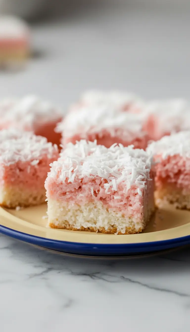 A close-up, slightly angled shot of a single Pink Coconut Snowball Cake Bar on a minimalist white plate, emphasizing the fluffy texture of the shredded coconut, the creamy vibrant pink layer, and the soft white cake base. Natural morning light, soft shadows, warm tones, clean and tidy presentation on a marble countertop with a subtle wood accent and fresh herbs in the soft-focus background. (3:4 ratio)