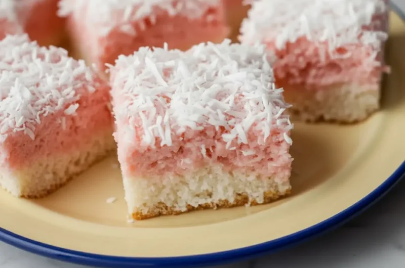 Close-up, overhead shot of several square Pink Coconut Snowball Cake Bars on a minimalist white plate, showcasing their distinct layers of white cake, vibrant pink topping, and generous shredded coconut. The scene is bathed in natural morning light from an east window, with soft shadows. Marble countertop and a hint of wood accent are visible in the background, with fresh herbs subtly present. Warm tones, clean and tidy presentation. (4:3 ratio)