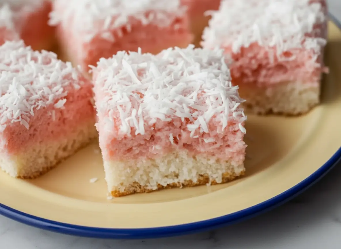 Close-up, overhead shot of several square Pink Coconut Snowball Cake Bars on a minimalist white plate, showcasing their distinct layers of white cake, vibrant pink topping, and generous shredded coconut. The scene is bathed in natural morning light from an east window, with soft shadows. Marble countertop and a hint of wood accent are visible in the background, with fresh herbs subtly present. Warm tones, clean and tidy presentation. (4:3 ratio)