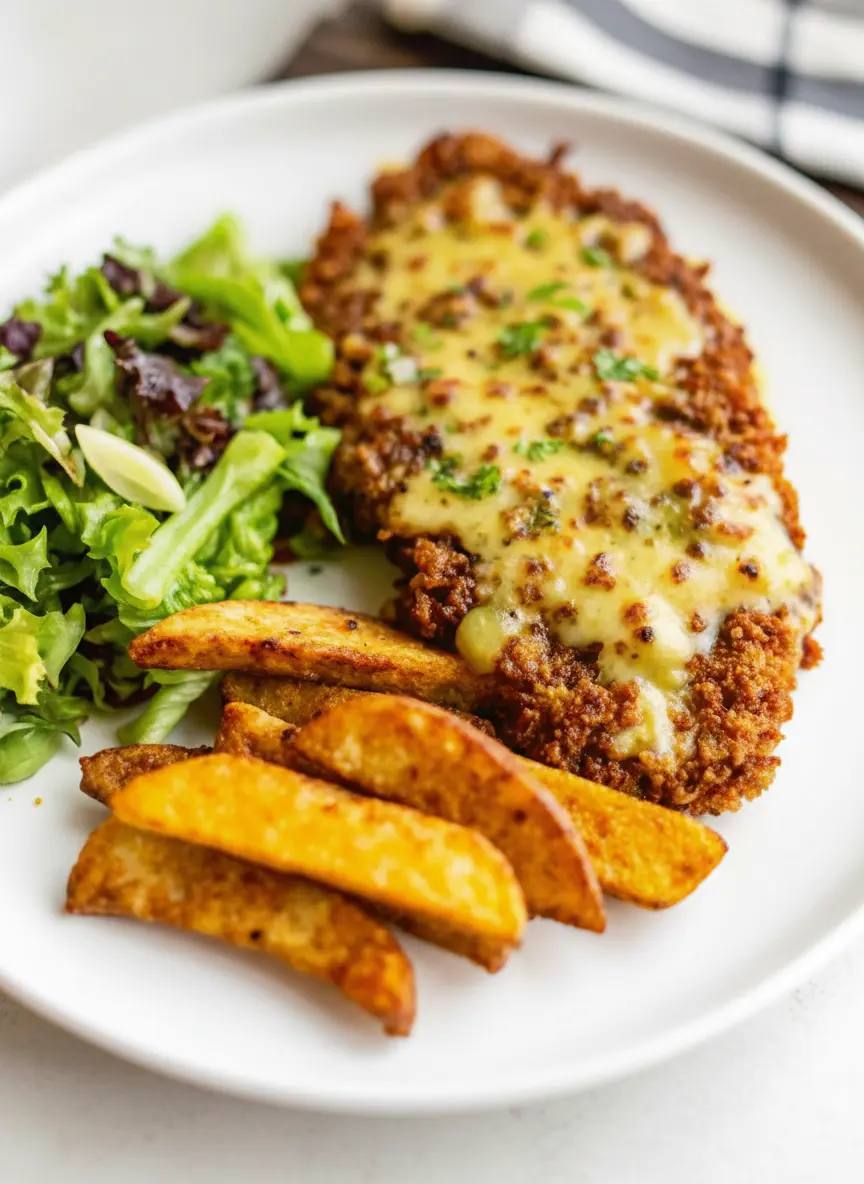 A 3:4 ratio image showing a clear glass bowl of finely crushed pretzels, a bowl of seasoned flour, and a bowl of beaten eggs on a warm wooden cutting board. Fresh chicken cutlets are ready to be breaded. Natural morning light casts soft shadows on the marble countertop, with fresh herbs subtly in the background.